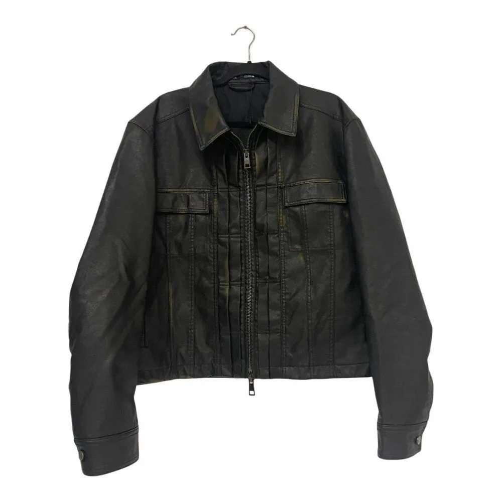 Zara Mens faux Leather Bomber Biker Jacket Coat L Large Black Full Zip NWOT
